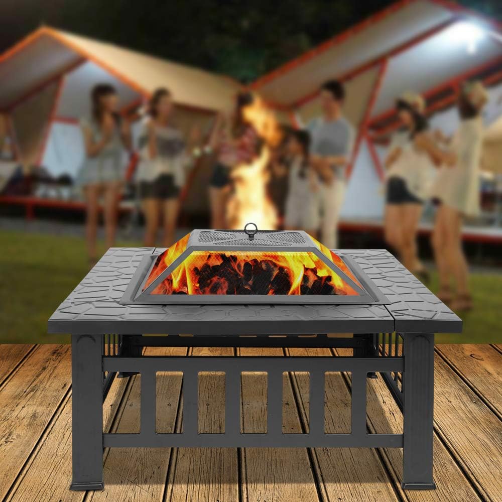 VINGLI 32in Wood Fire Pit with Mesh Lid and Fire Poker, Portable Outdoor Fireplace Burning FirePit for Chrismas Backyard Patio Outside Picnic BBQ Party