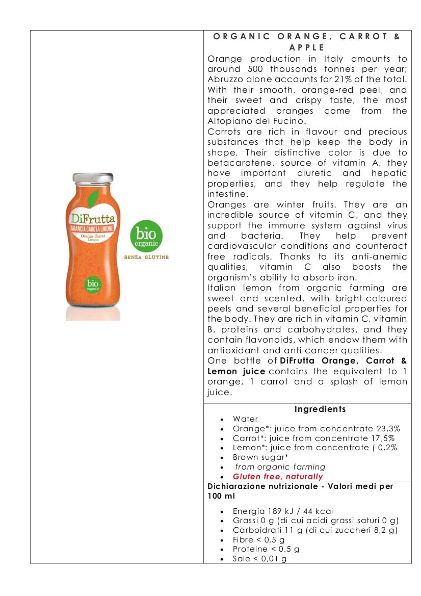 Zumo de fruta Naranja Zanahorias Limón DiFrutta 24 botellas cl. 20