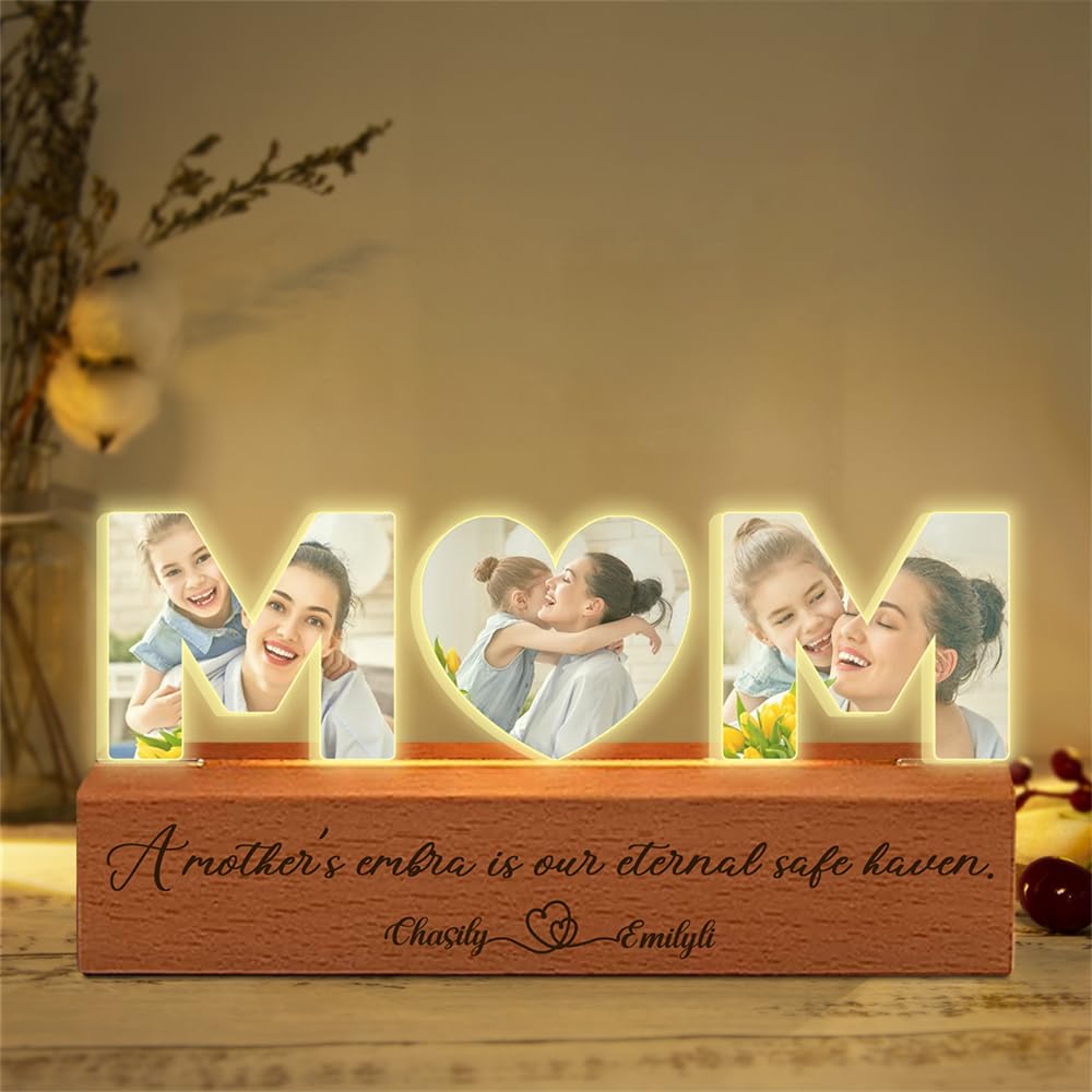 MYZQIFF MOM Light Birthday Gifts Personalized Picture Frames with Photo,Custom Acrylic Plaque Photo Frame Lamp, Personalized Mom Lamp Gifts for Mom from Daughter Son Kids