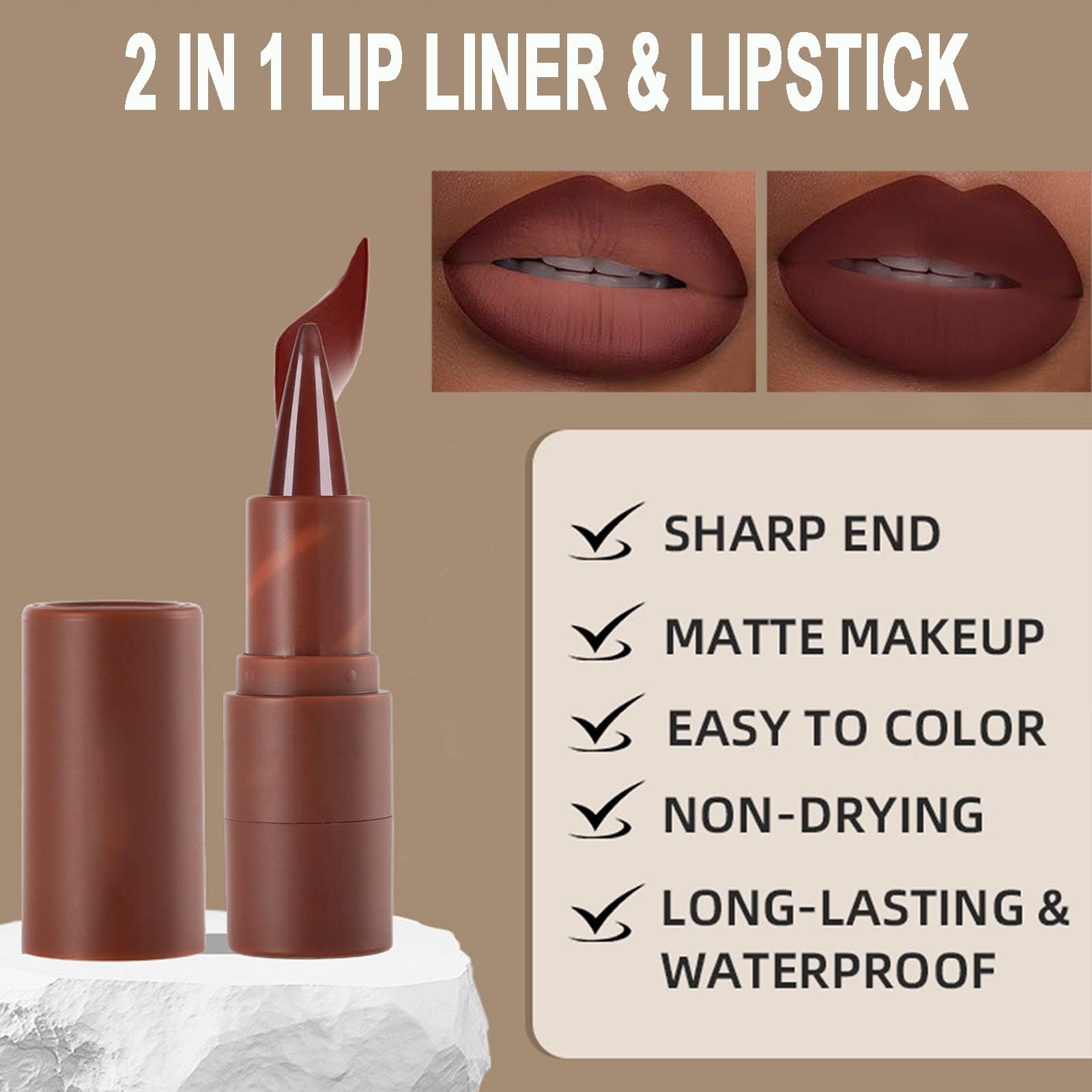 2-in-1 Matte Lip Liner & Lipstick, Nude Dark Red Lip Liner Lipstick - Image 4