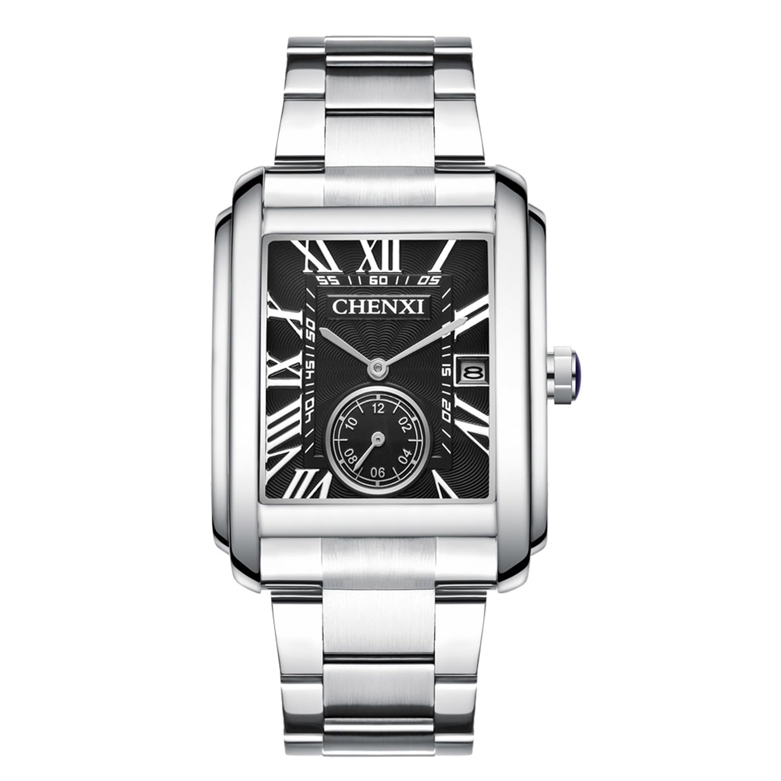 LancardoMen Square Wrist Watch: Silver Tone Stainless Steel Analog Quartz Calendar Second Dial Business Casual Watch for Men