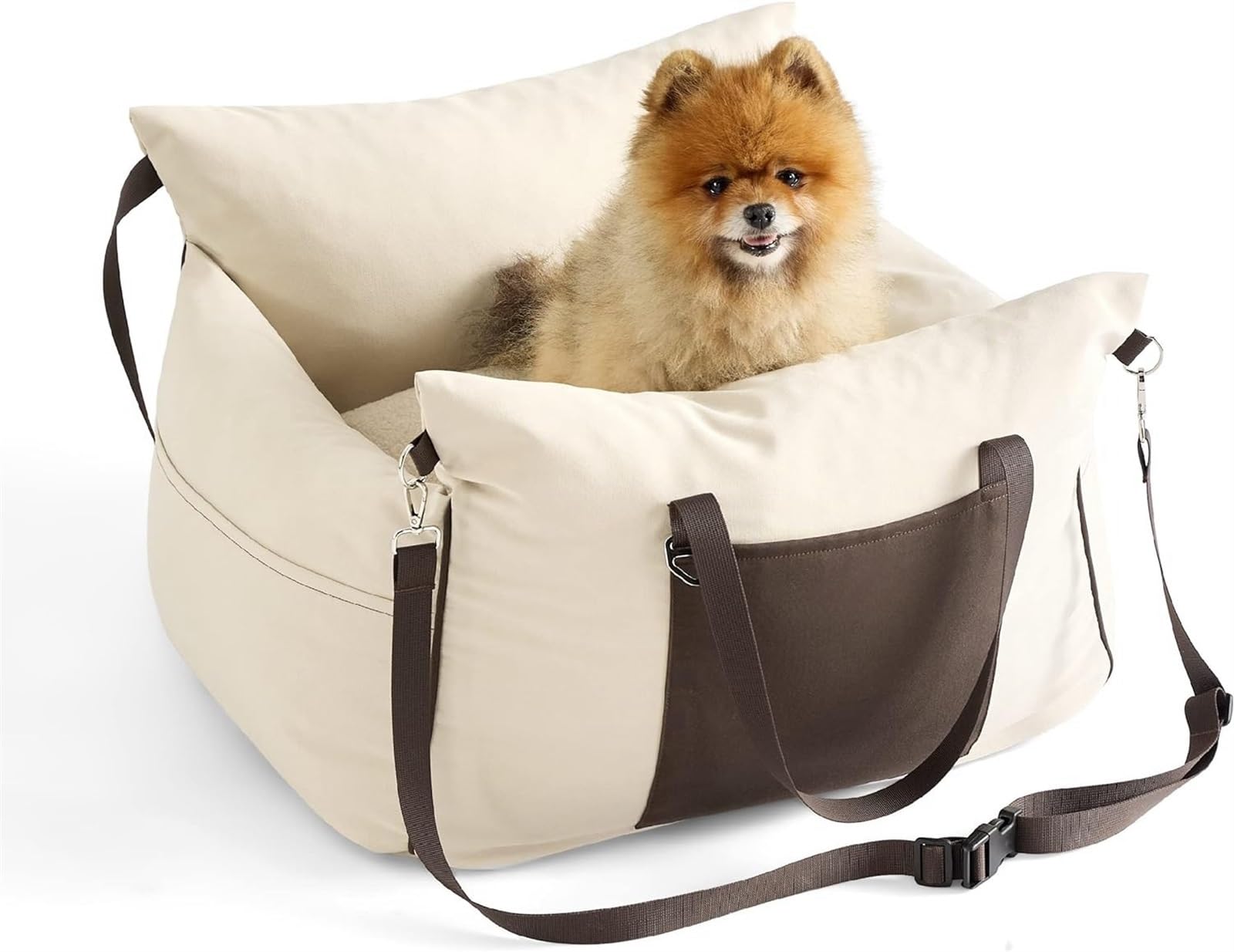 THE WHITE SHOP Small Dog Car Seat for Small Dogs -Dog Booster Seat for Car with Storage Pockets, Clip-On Leash and Thickened Memory Foam Filling, Pet Travel Carrier Bed Up to 25lbs (Color : BROWN)