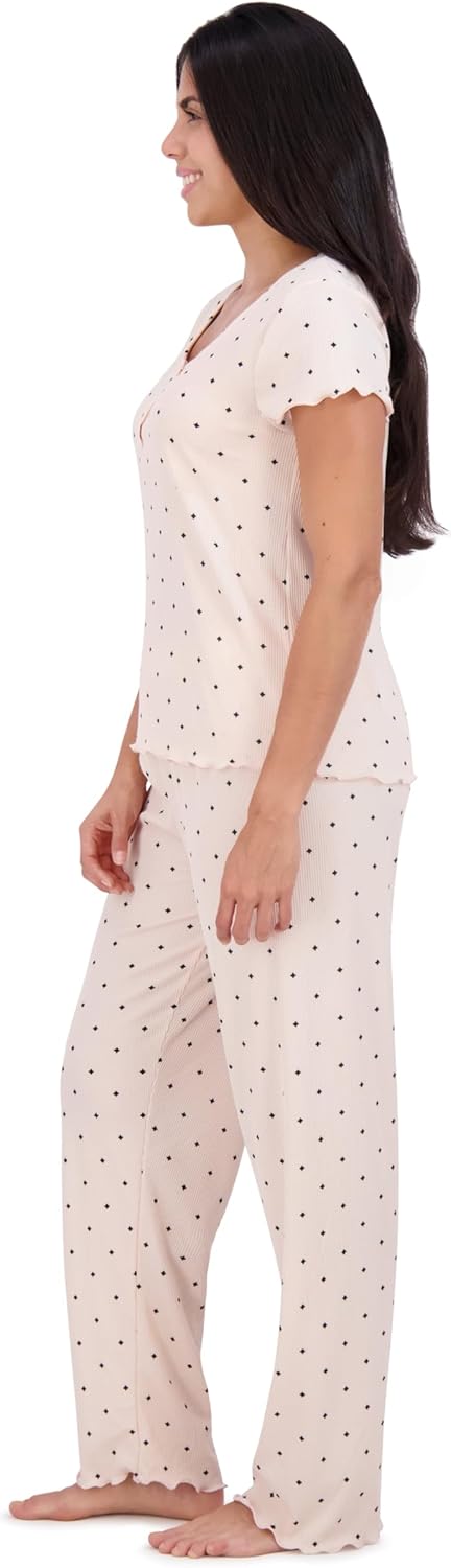 Aerosoles Women's Printed Waffle Henley Cozy Pjs 2 Piece Cozy Comfy Soft Lounge Cotton Sleepwear Button-up Pajama Set, Diamond Dots, Large - Image 4