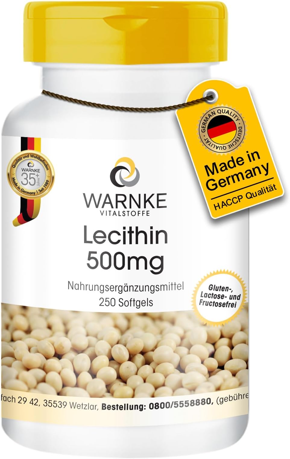 Lecithin 500mg (from Soy - Non-GMO) 250 Softgels - Bulk Pack | Warnke Vitalstoffe - German Pharmacy Quality