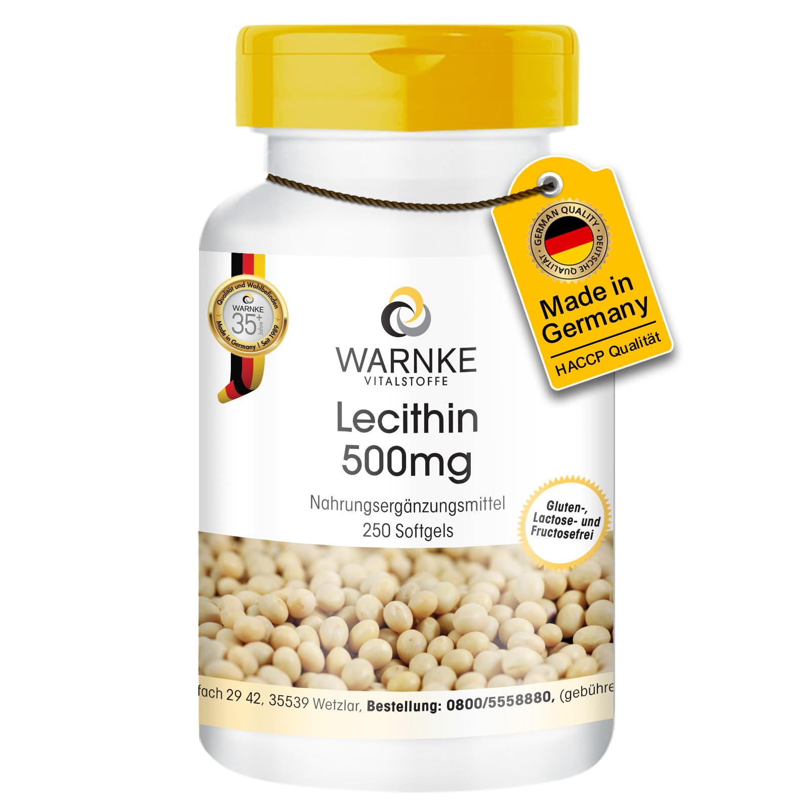 Lecithin 500mg (from Soy - Non-GMO) 250 Softgels - Bulk Pack | Warnke Vitalstoffe - German Pharmacy Quality