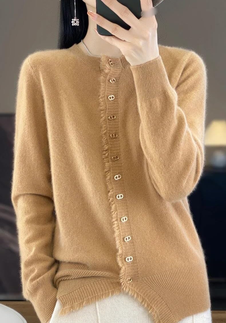 Cárdigan de Mujer con Cuello Redondo, Borlas de Cachemira Pura, Cárdigan Abierto por Delante, Botones de Manga Larga, Cárdigan de Punto Acanalado, Elegante Prenda Exterior Informal de Cache