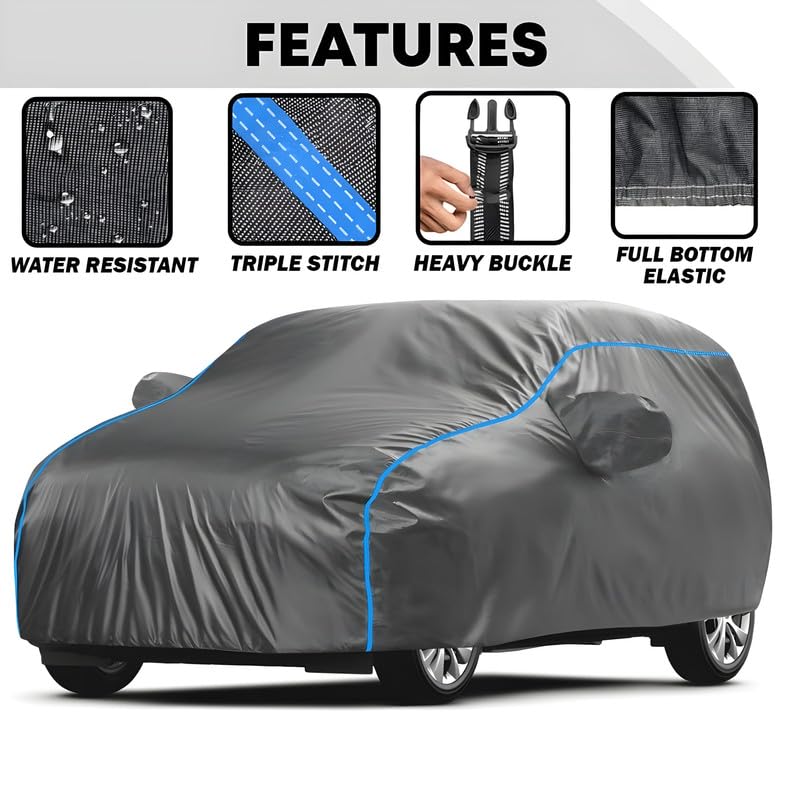 Image of Kerwa Car Body Cover Waterproof Compatible with Maruti Suzuki A-Star, Dust & UV Resistant All-Weather Proof Full Body Cover, Grey with Blue Lining, Triple Stitched Elastic Bottom with Mirror Pocket