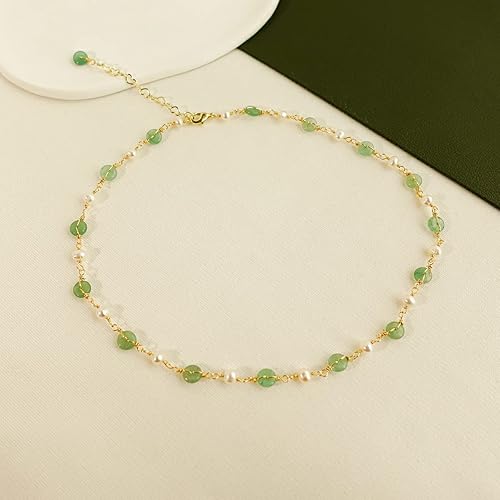 Miniatura 5 de DAUMIER Aventurine Jade Green Choker Freshwater Pearl Necklace 18inch Jewelry Birthday Gift for Mom Women