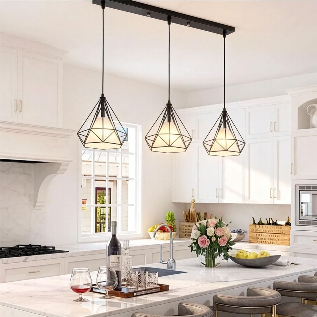 Czarna Lampa Wisząca Industrialna Z Geometryczną Klatką Trójświetlna Z Białymi Kloszami Plafon Wiejski Amerykański Z Rombową Klatką Z Kutego Żelaza Do Jadalni I Baru(A)