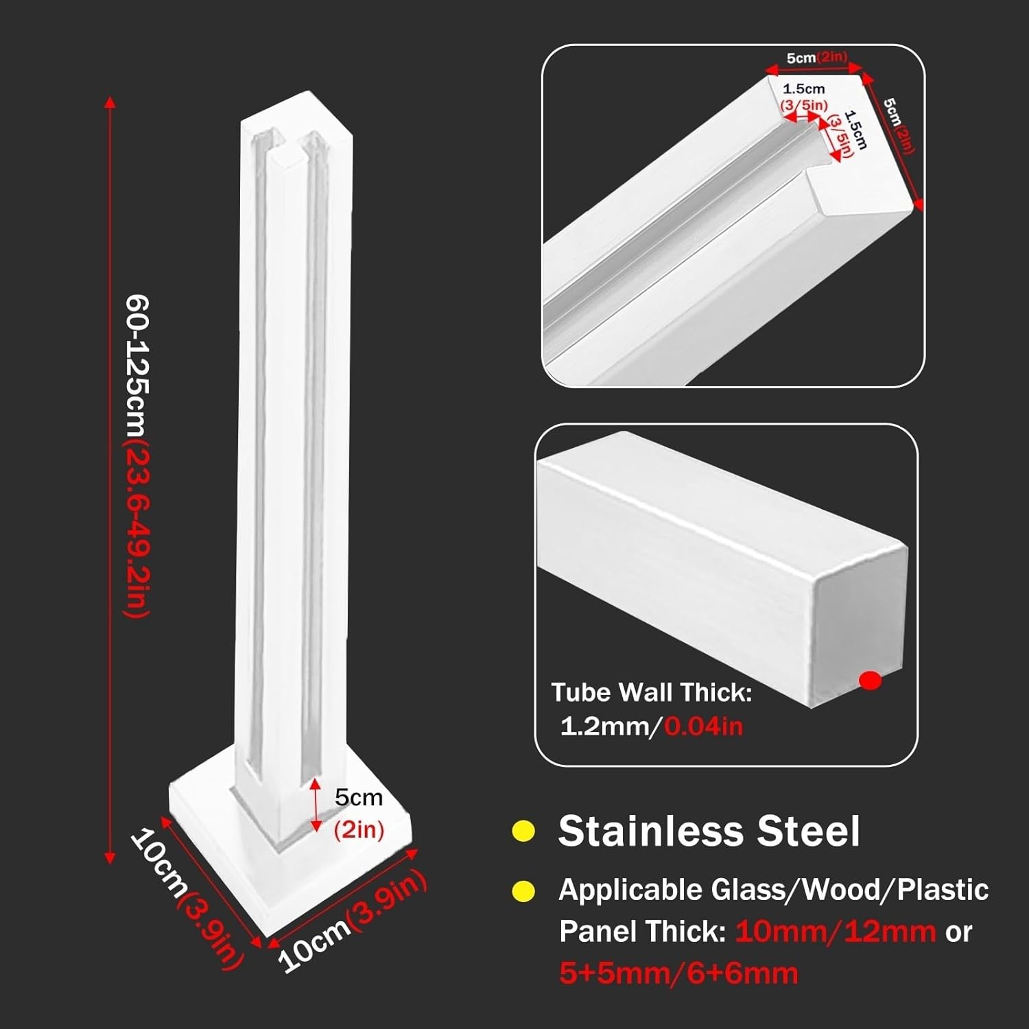 White Stainless Steel Glass Balustrade Post - Durable Railing Column for Deck, Balcony, Hallway, Stairs - Fits 3/8" to 1/2" Thick Glass Panels - Outdoor/Indoor Guardrail