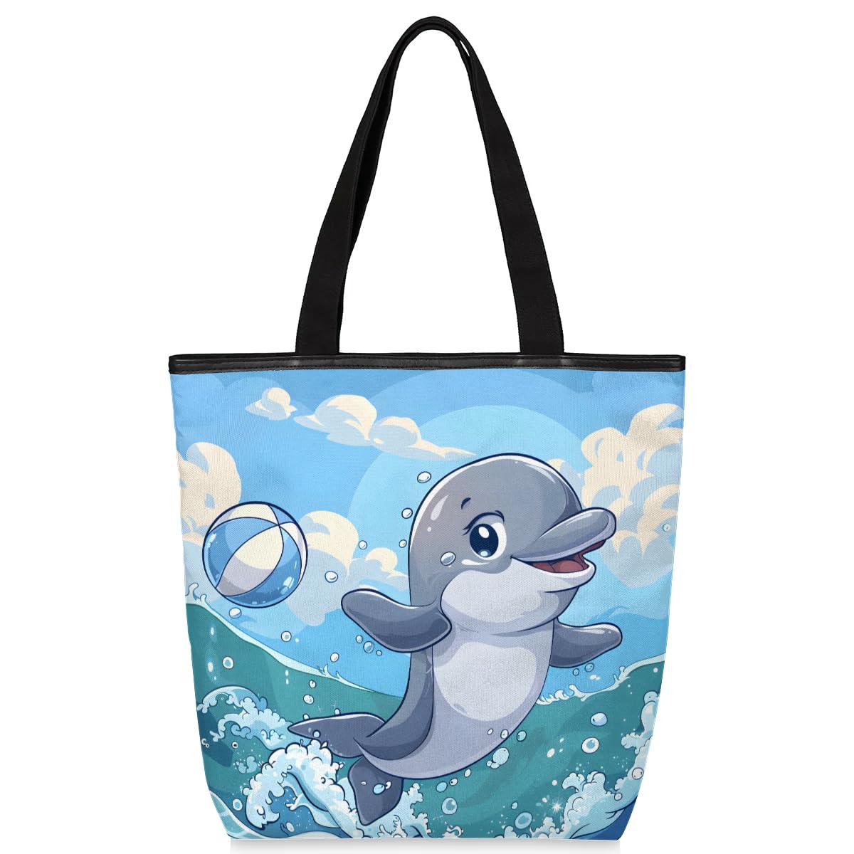 Mularoka Cartoon Dolphin Volleyball Canvas Tote Bag with Zipper and Pockets Canvas Tote Shopping Bag Women Reusable Grocery Bag for Beach Travel Gym Shopping