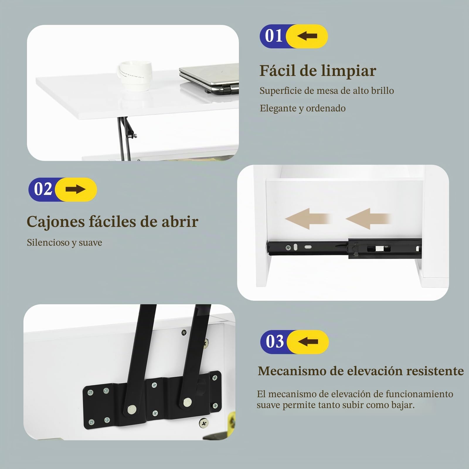 Mesa de Centro Regulable en Altura, Mesa de Salón Brillante Moderna, Mesa Elevable Salon Led, Estante Abierto y 2 Cajones, 85 x 50 x 45 CM, Blanco