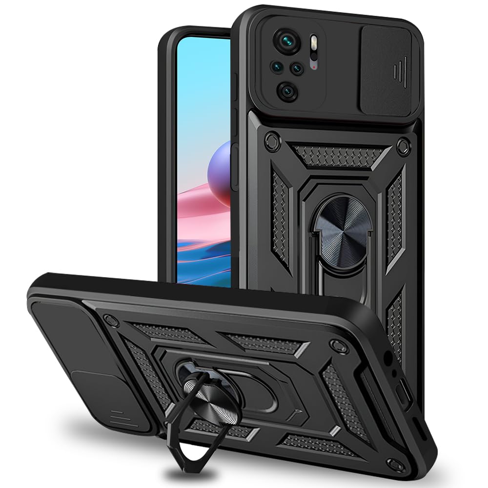 AESTMO Tough Armor Redmi Note 10 / 10S Bumper Back Case Cover | Ring Holder & Sliding Camera Shield Cover | 360 Degree Protection Back Case Cover for Redmi Note 10 / 10S (Black) discount deal