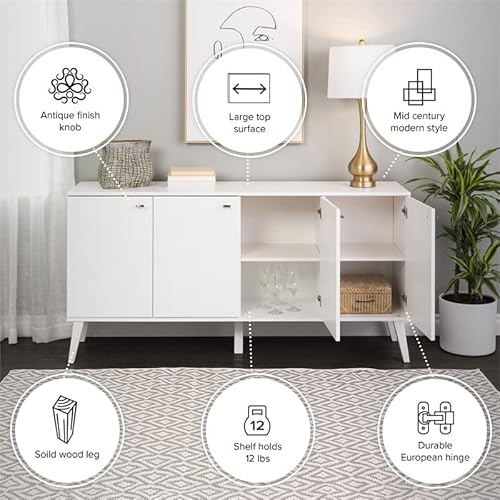 Prepac Milo Mid-Century 4 Door Buffet, 16" D X 64" W X 32" H, White #TOP5