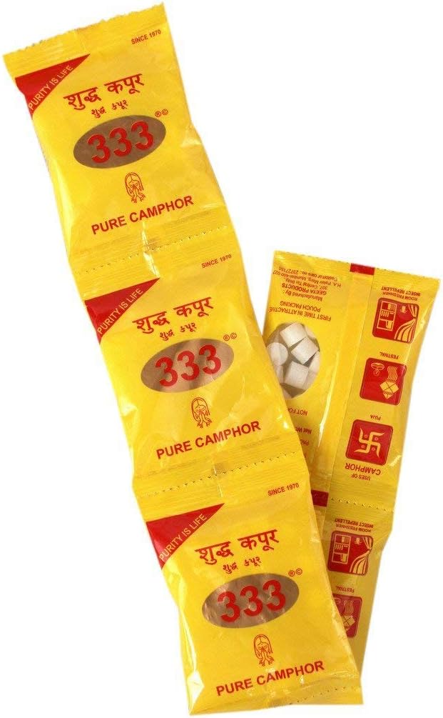 333 Pure Camphor Tablets Authentic Indian Camphor - Karpoor for Worship - Pooja -10 Grams (Pack of 5)