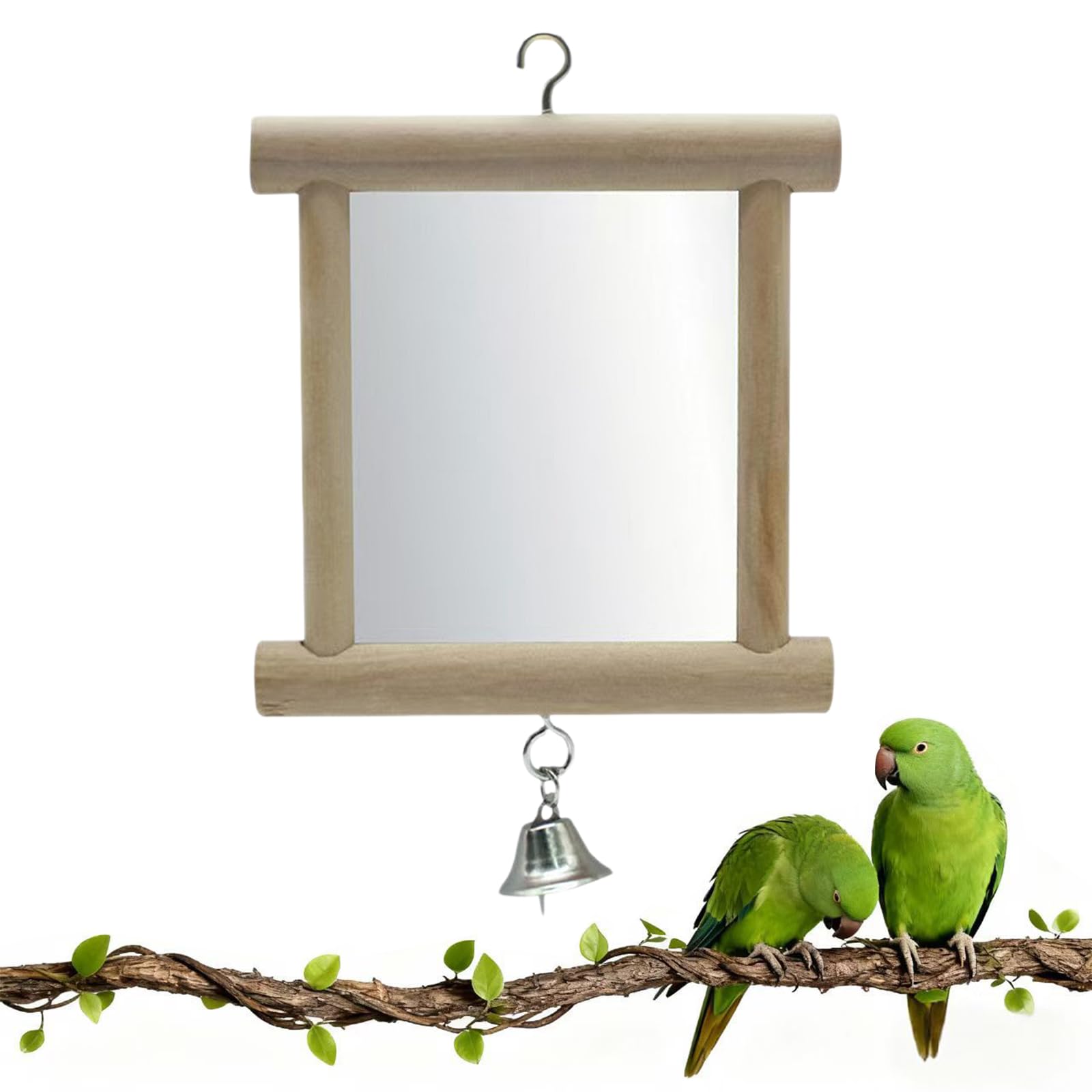 Wooden Mirror with Bell for Parrot, Cockatiel, Budgie Cage Budgerigar & Other Bird, with Hanging Hook for Cages, Budgie Toys Playstands & Aviaries(10x10cm)