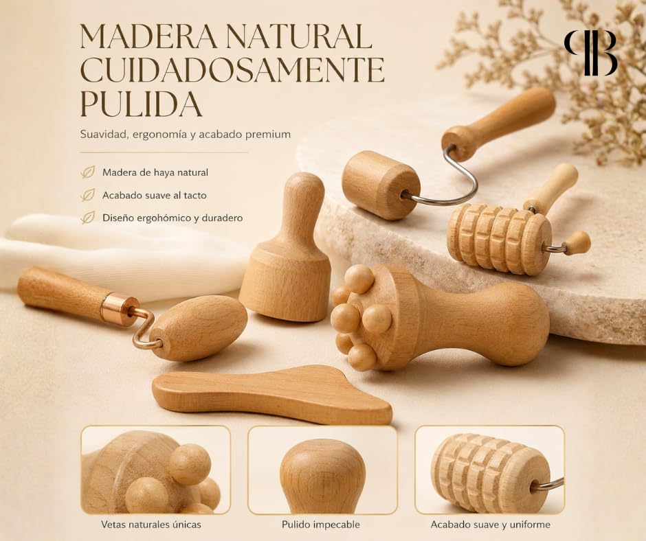 Set de 7 Piezas de Maderoterapia Facial en Madera de Haya Natural | Kit Masaje Facial con Mini Copa Sueca, Rodillo Contorno de Ojos, Tabla Facial y Herramientas de Drenaje | Rutina Facial y Bienestar
