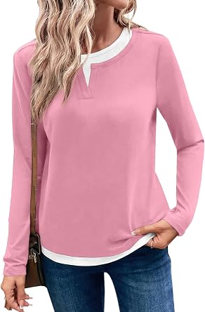 LOLONG Women Fall Long Sleeve Color Block T Shirts 2025 Casual Crew Neck Tops Tees