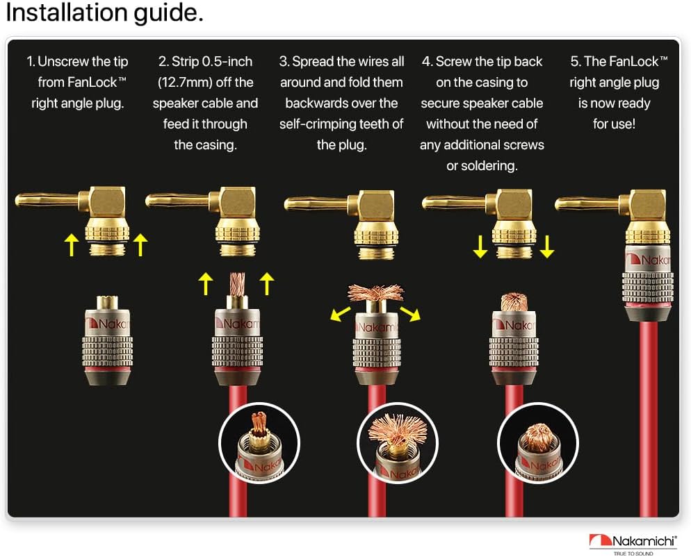 Nakamichi FanLock Excel Series 24k Gold Plated Right-Angle Banana Plug 10 AWG - 18 AWG Gauge Size 4mm for Speakers Amplifier Hi-Fi Home Theatre Wire Cable 90 Degree Quick Connector, 4 Pcs (2-Pairs) - Image 6