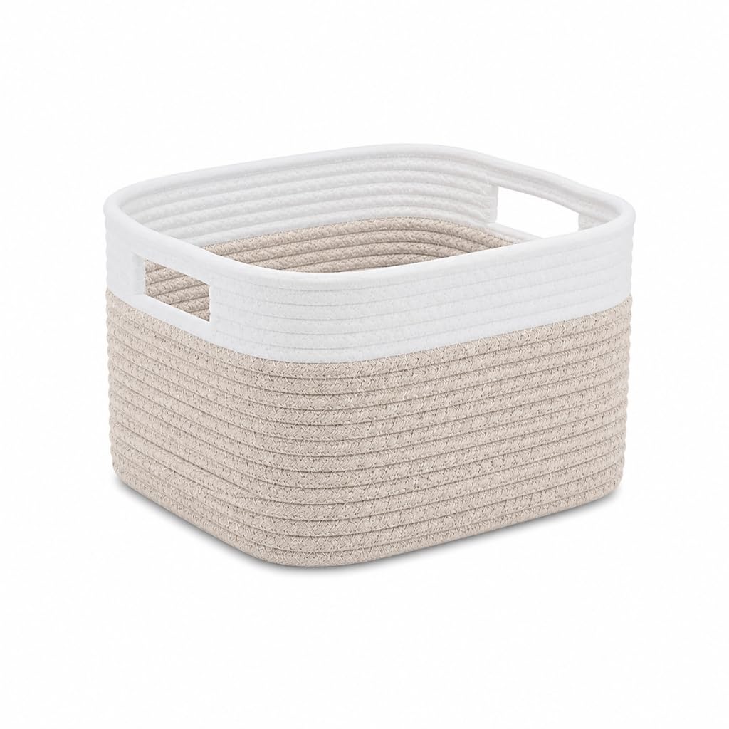 Woodluv Woven Storage Basket, Cotton Rope Basket for Shelves Closet Organizer, Rectangular Shelf Baskets for Toys, Books, Shoes, Baskets for Home Bathroom Decor, 33x23x20cm, Beige โ image 1