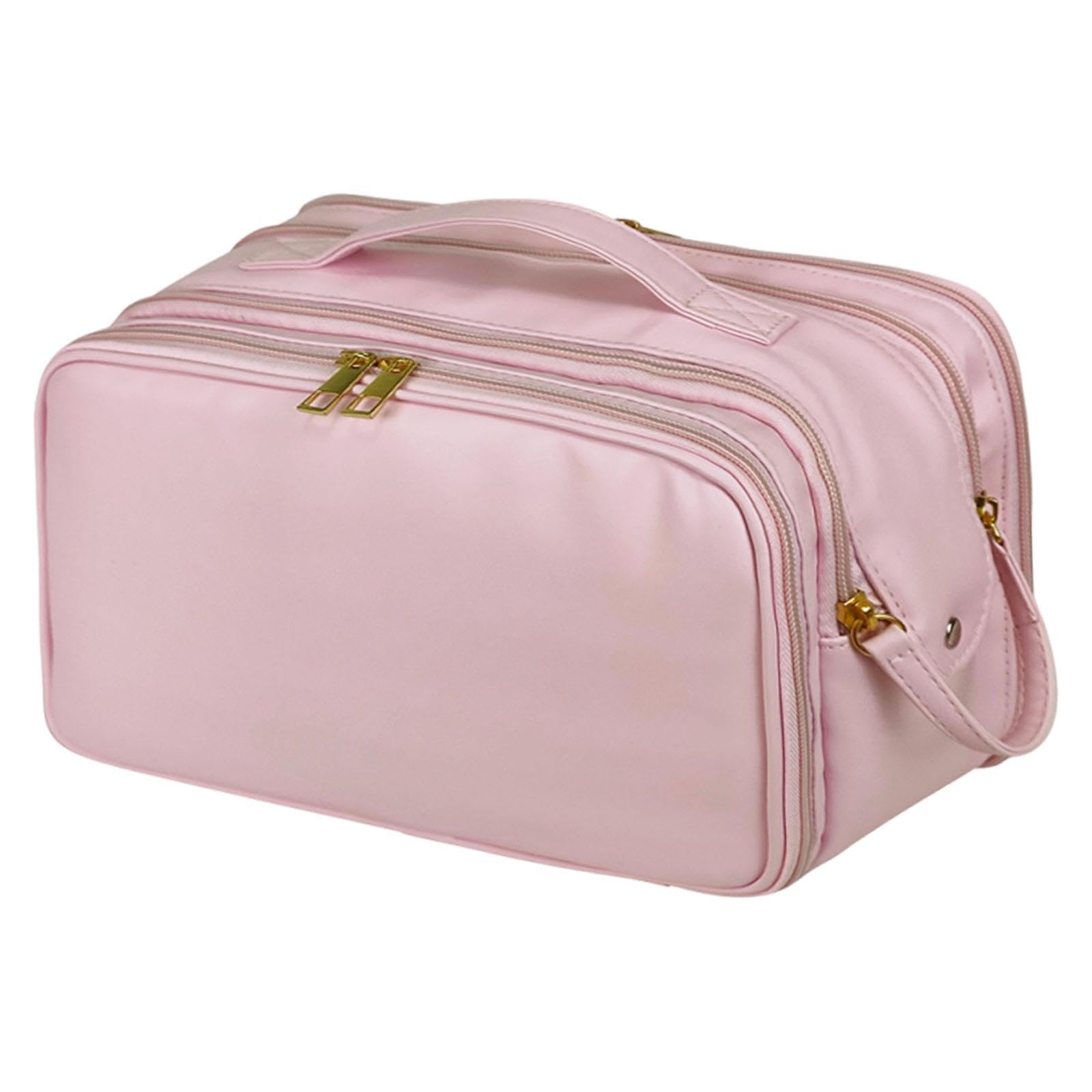 perfk Borsa da viaggio per cosmetici, per trucco, portatile, spaziosa, con portapennelli, robusta custodia per il trasporto, Rosa
