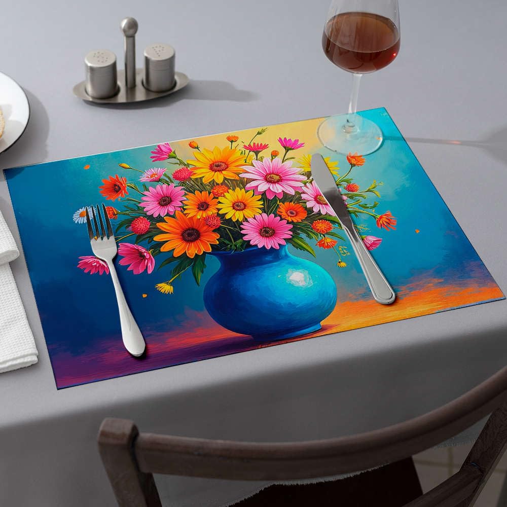 Sets de table de décoration de ferme occidentale à motif bouquet de fleurs et vase bleu