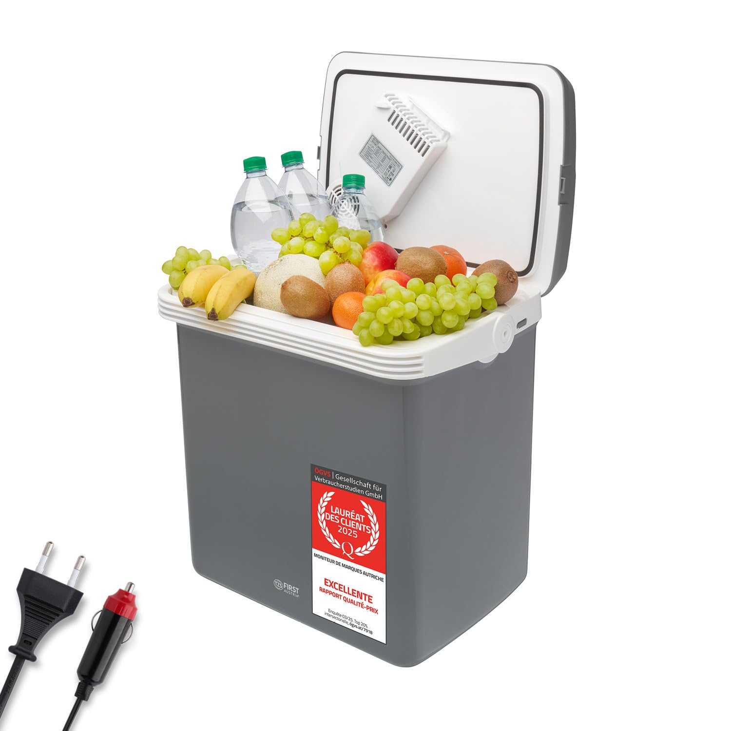 TZS First Austria - Glacière Électrique 32L - Fonction Chaud & Froid - 12V/230V pour Voiture & Secteur - Système Thermoélectrique Silencieux - Camping & Voyage - Gris