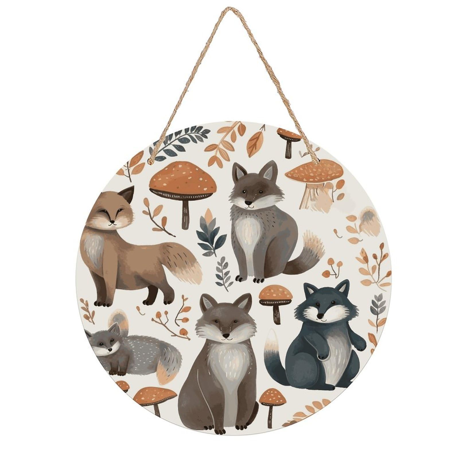 FekiLoot Woodland Raccoon Animals Wall Art Decor Round Wood Hanging Sign Decoration Wooden Circle Door Sign Round Hanging Decorative Wood Plaque Door Hanger for Home Outdoor Indoor Decoration