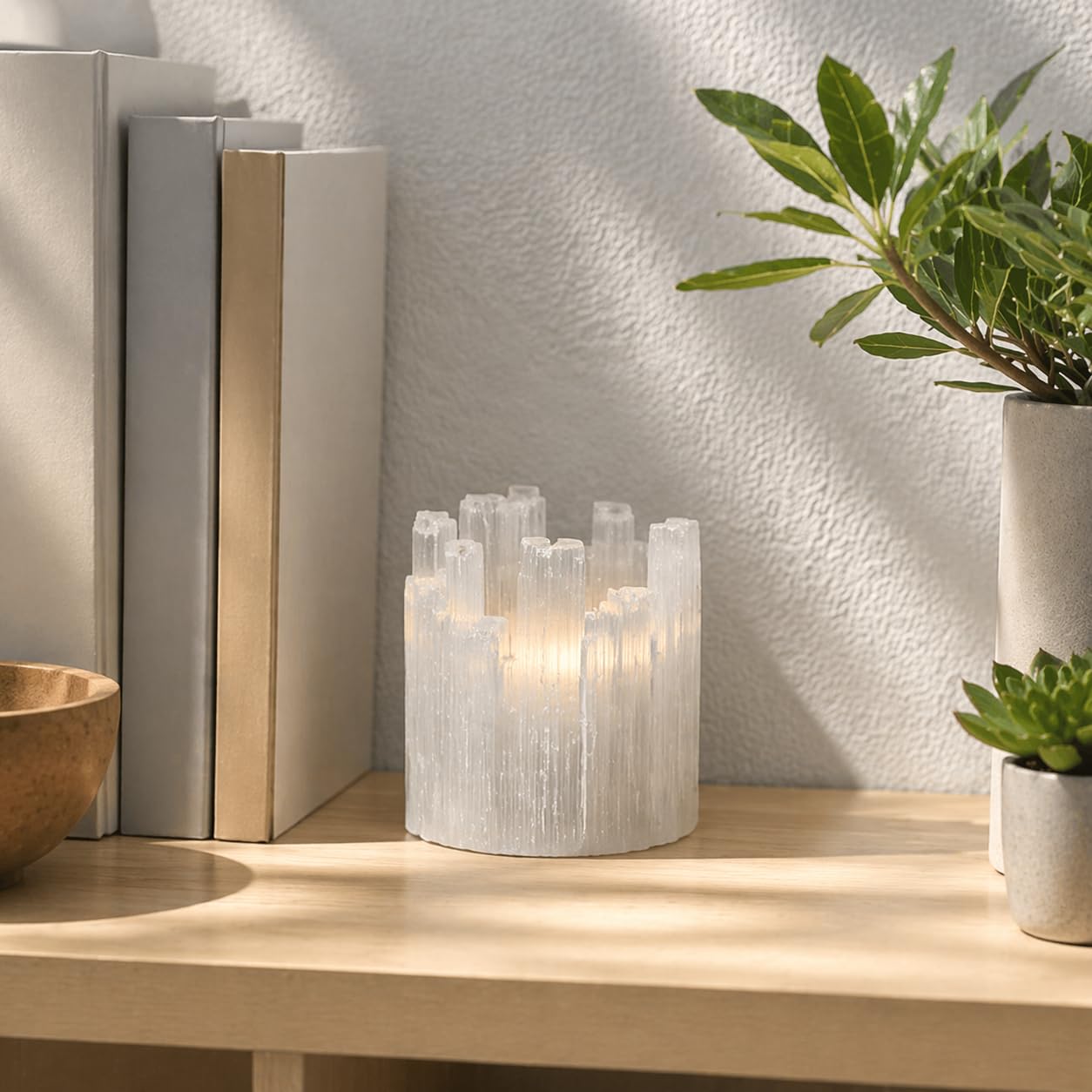 NKlaus 2x Selenit Teelichthalter 11 x 8 cm – Weißes Kristall-Windlicht aus Naturstein für Meditation, Energiearbeit & Dekoration