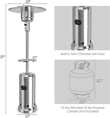 Miniatura 8 de Safstar - Calentador de patio al aire libre de 48000 BTU, calentador de propano portátil con estante de bebidas, ruedas, depósito base, torre de