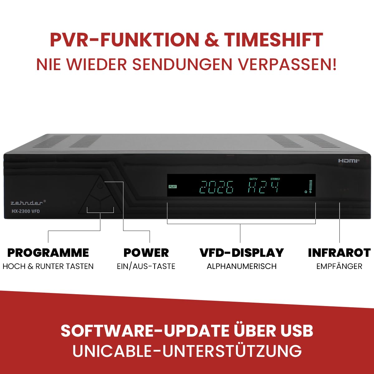 Zehnder HX 2300 VFD Sat Receiver HD fähig Full HD Digital Sat-Receiver für Satellitenschüssel