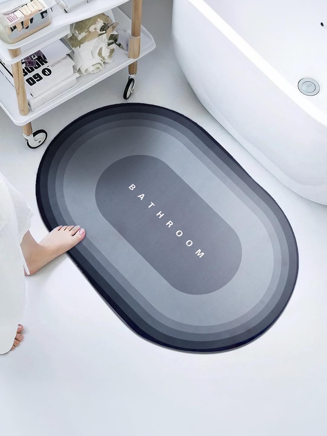 Cortina Premium Silicon Floor Mat, Bath Mat, Doormat, Bathroom Carpet, Cushion Mat Super Absorbent Soft Carpet, Quick Dry Dirt Barrier for Home, Office, (60x40), Silver, Oval