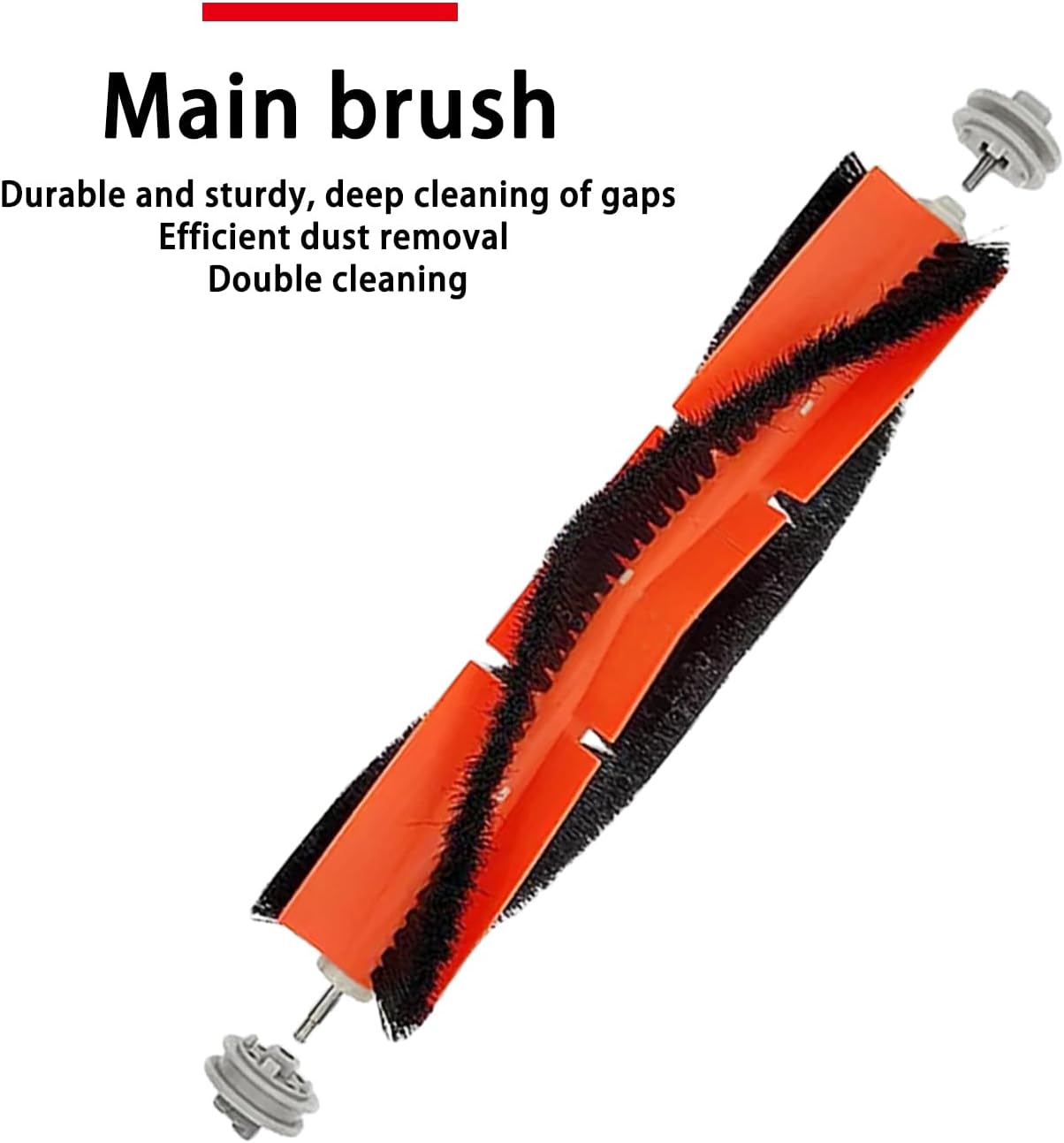 Close-up image of an orange and black main brush, highlighting its durable and sturdy design for deep cleaning and efficient dust removal.