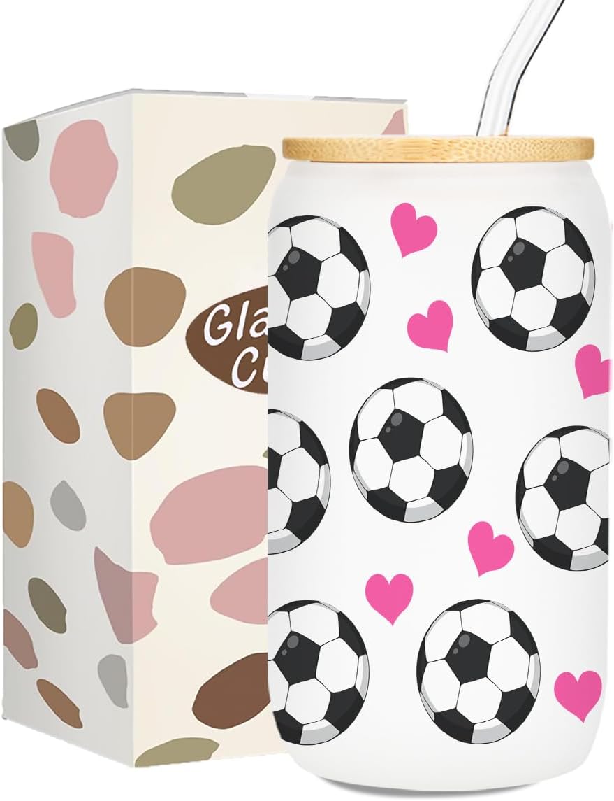 Soccer Gifts, Iced Coffee Cup, 16 oz Glass Cups with Lids Straws, Soccer Accessorie...