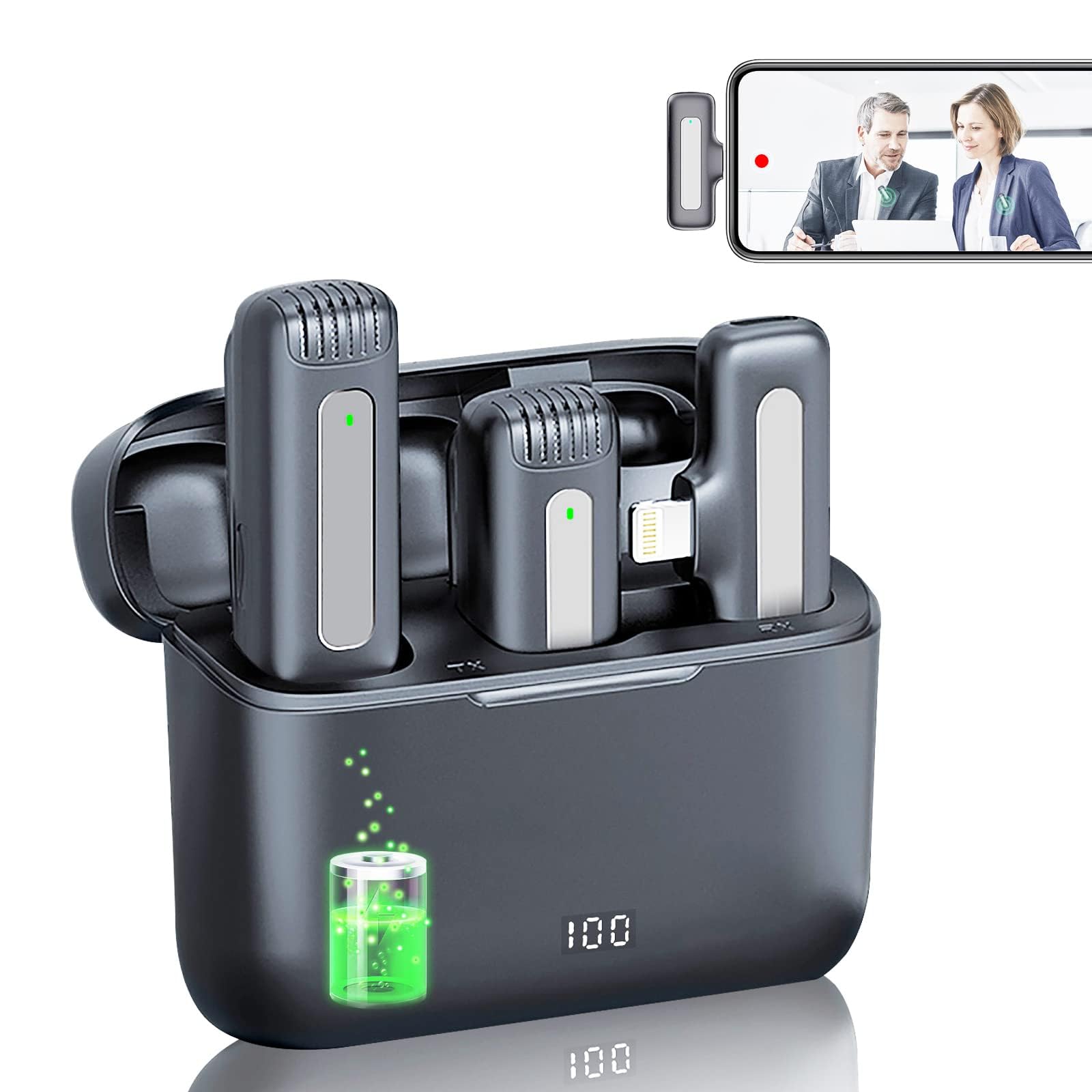 VOVIGGOL 2 Pack Draadloze Lavalier Microfoon voor iPhone iPad Android met 400mAh Oplaadhoes, Mini Mic Revers Draadloze Microfoon voor Video Opname YouTube, Live Stream, TikTok, Vlog, Interview