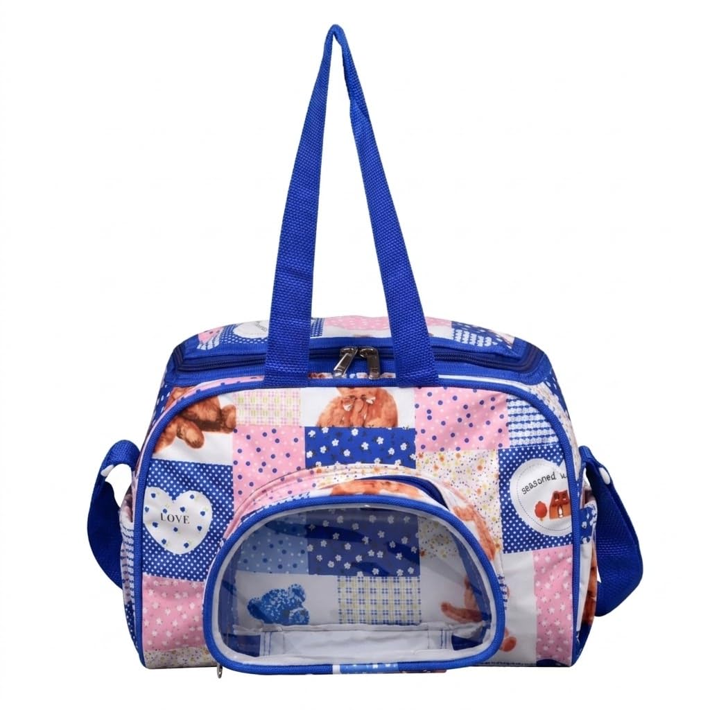 Baby Bag, Patchwork Print, Diaper Tote with Shoulder Strap and Clear Front Pocket (Blue)-image-16