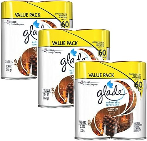 Glade Repuesto automático de ambientador en aerosol, maderas de cachemira, 12.4 onzas, 2 recambios (paquete de 6)