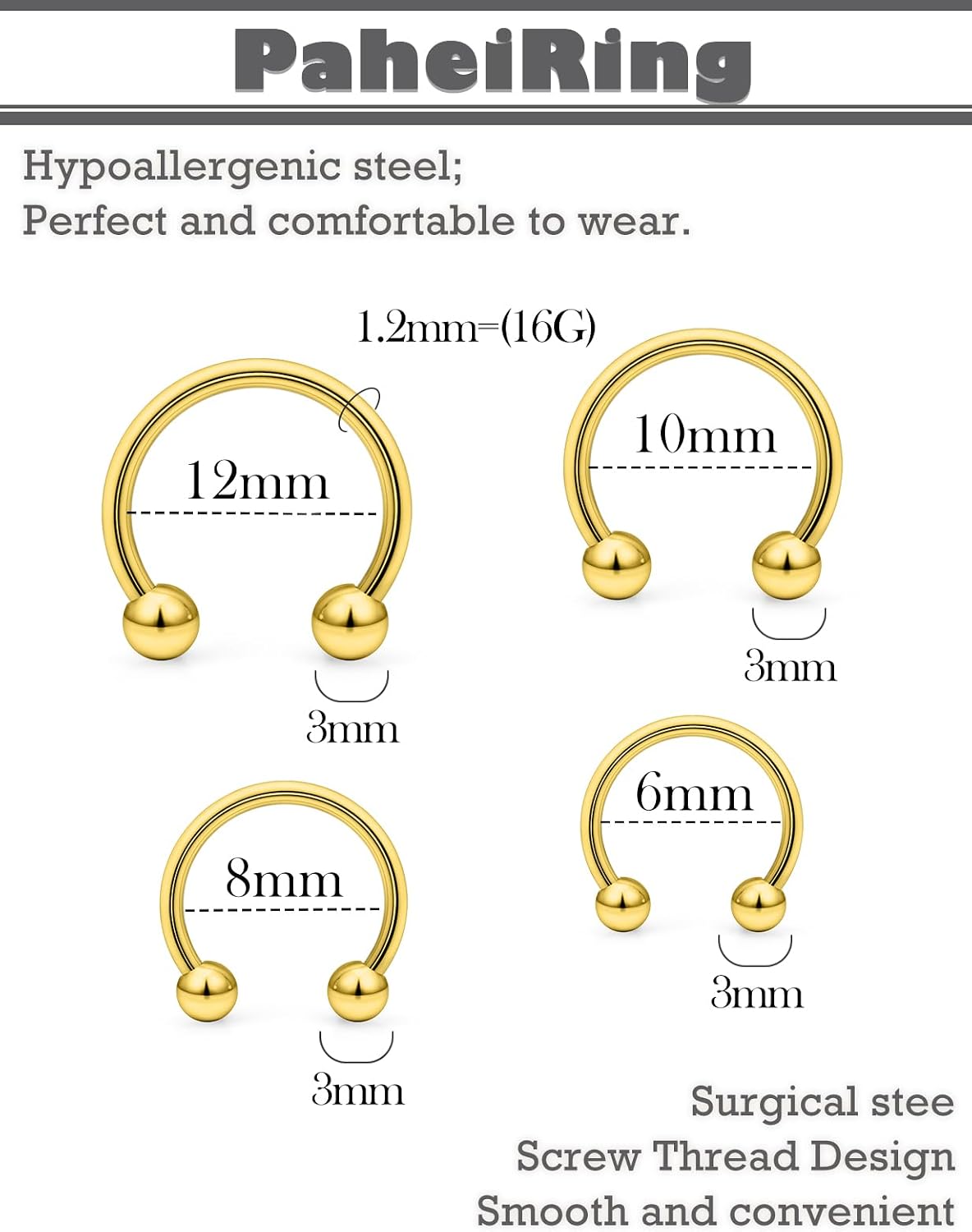 16G 316L Surgical Steel Horseshoe Septum Rings, 6/8/10/12 External Thread with Balls & Tool (17PCS) Nose Cartilage Lip Jewelry
