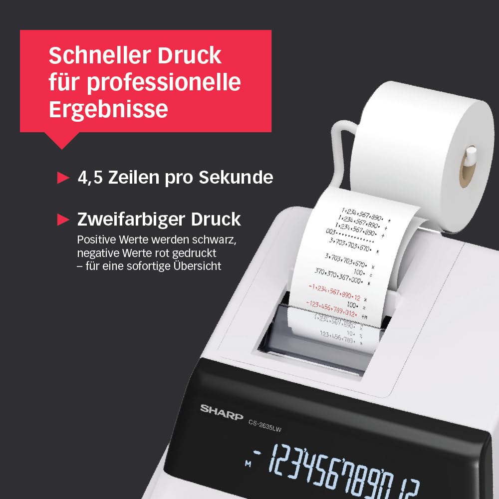 Sharp CS-2635LW Druckender Tischrechner, 12-stellig, LCD Display, Tax & Währungsumrechnung, schwarz/rot Druck, Heavy-Duty-Druckwerk, Netzanschluss