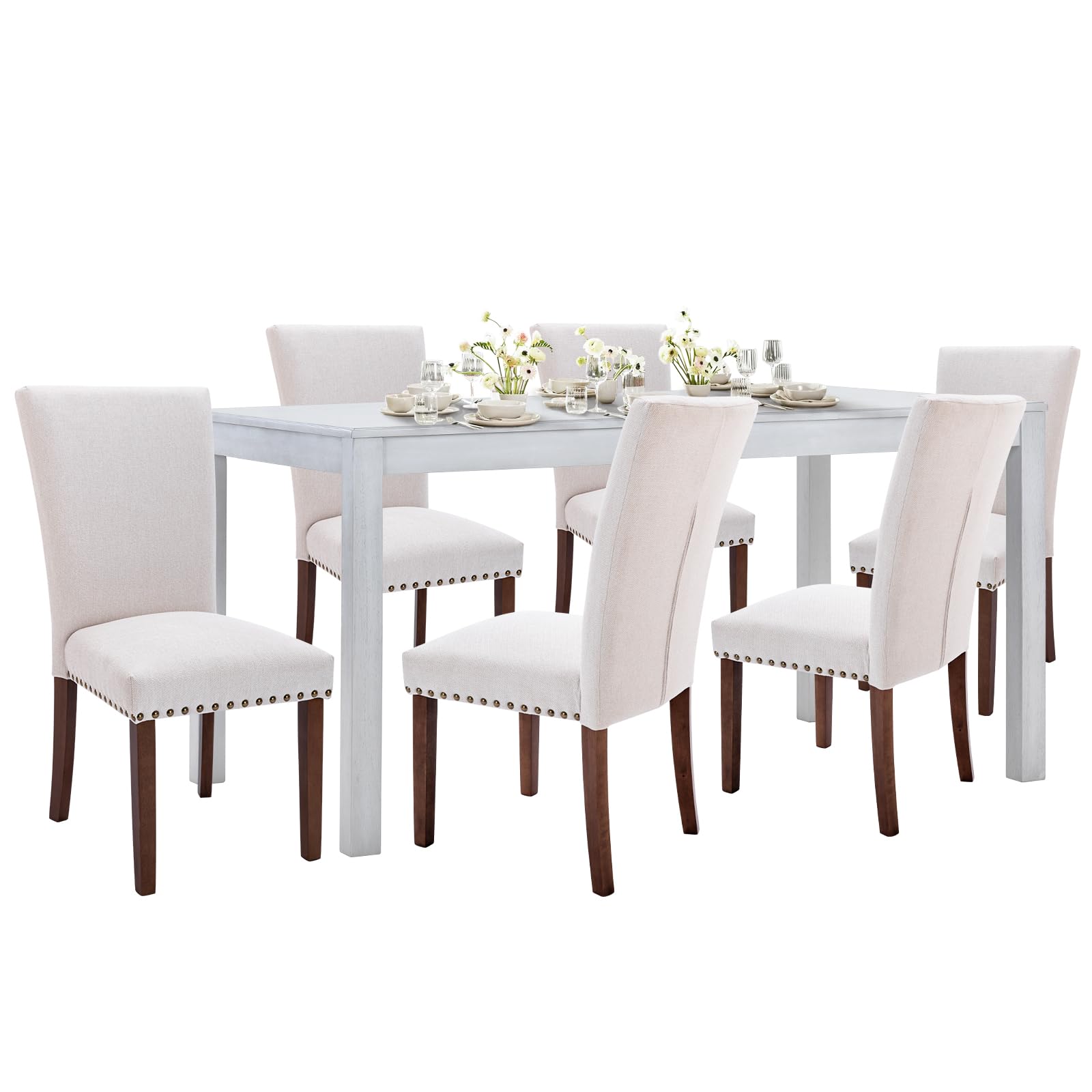 COLAMY Set for 4, 4 Nailhead Dining Room Chairs, White/Beige (2 boxes)