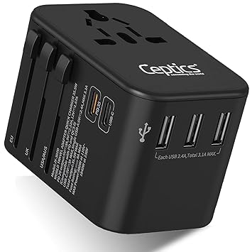 Ceptics Universal Charger Adapter, 35W 6 in 1 International Travel Adapter, Universal Plug Socket with 10 Years Warranty, PD/QC 3.0, 1x USB-C, 3 USB Fast Charging, Worldwide Travel Adapters.