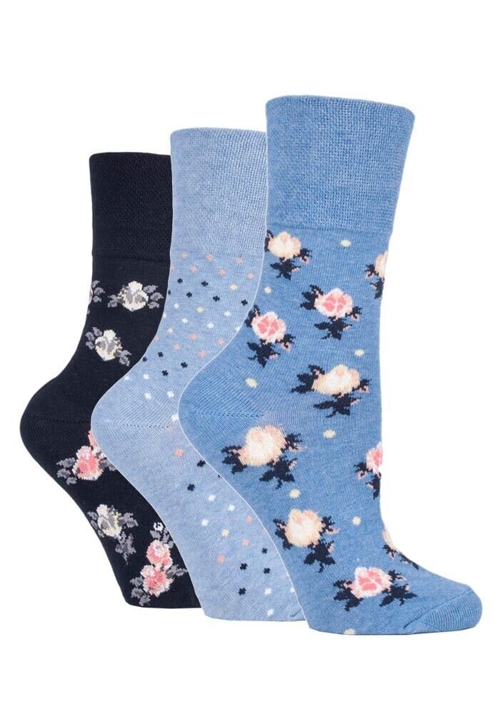 Sockshop Women's Blue Flowers Gentle Grip Honeycomb Top Cotton Socks Pack Of 3 (Uk, Numeric, 4, 8, Regular, Regular, )