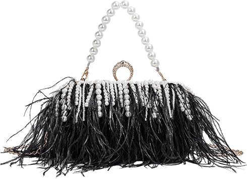 Ostrich Feather Purse Beaded Crossbody Shoulder Bag with Pearl Handle Chain Evening Handbag Feather Bag for Party Prom Black