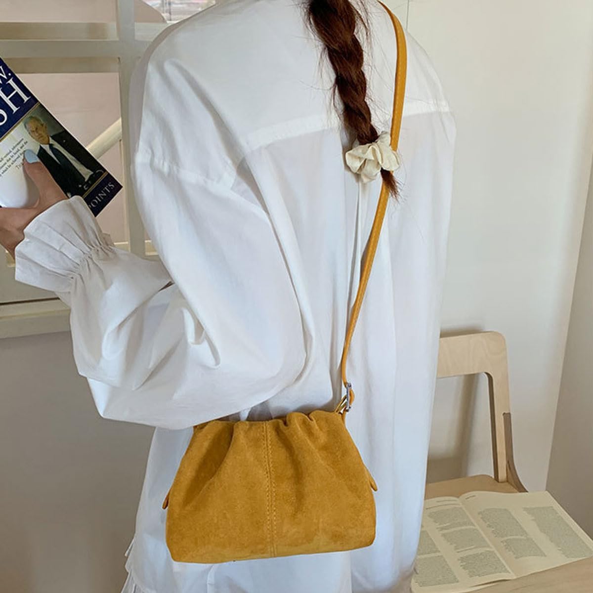 Suede Shoulder Bag for Women, Drawstring Purse Small Slouchy Crossbody Handbag Bucket Satchel