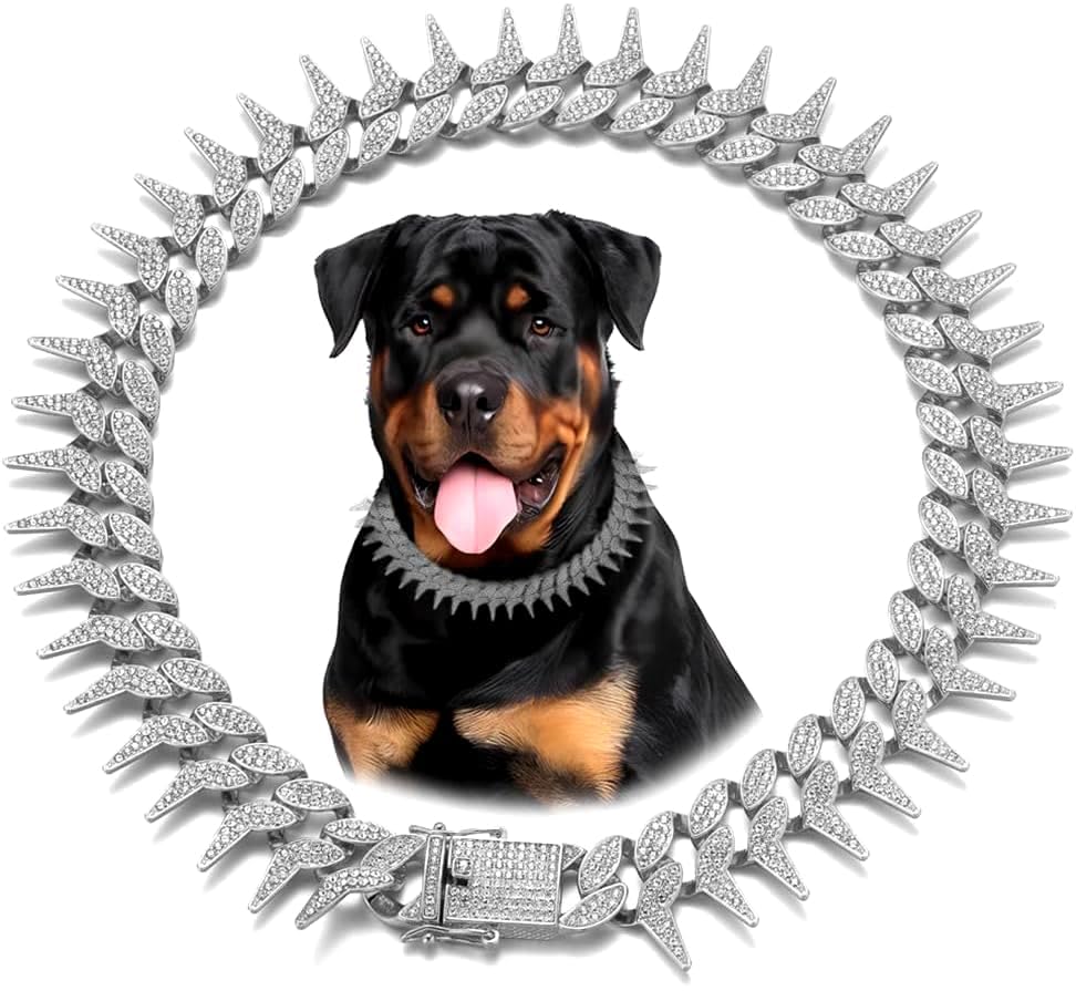 Image of Dog Chain Collar, Side Spiked Style Necklace Bling Diamond Cuban Link Dog Collars Glitter Rhinestone Puppy Collar for for Small Medium Large Pet Dogs (Silver, 20 Inch)