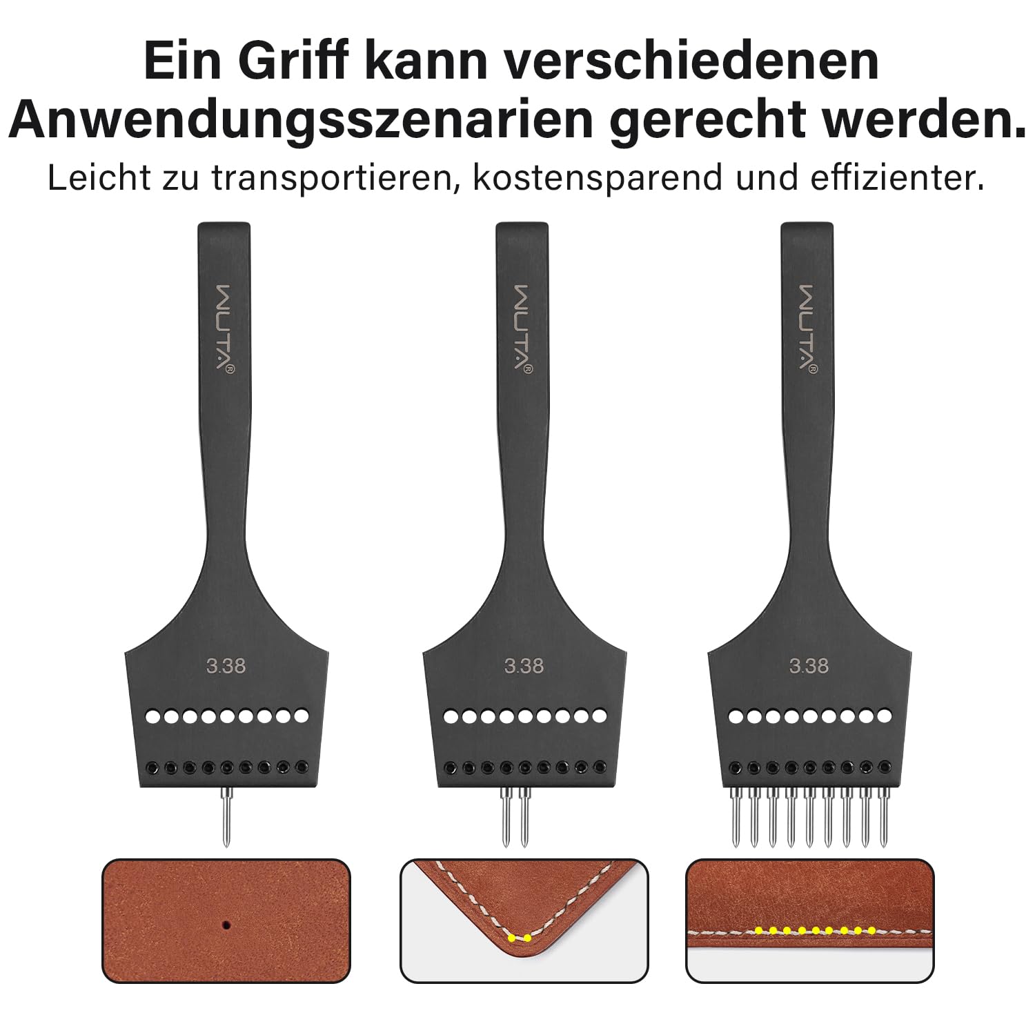 WUTA 2. Generation Leder Zinken Stanze Set mit Austauschbarem Meißelkopf & Runden Hohlkopf- DIY Lederverarbeitung Set(4mm-2+4+6)