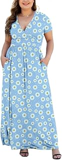 Women's L-5XL Short Sleeve V-Neck Plus Size Maxi Dresses with Pockets - Buy now