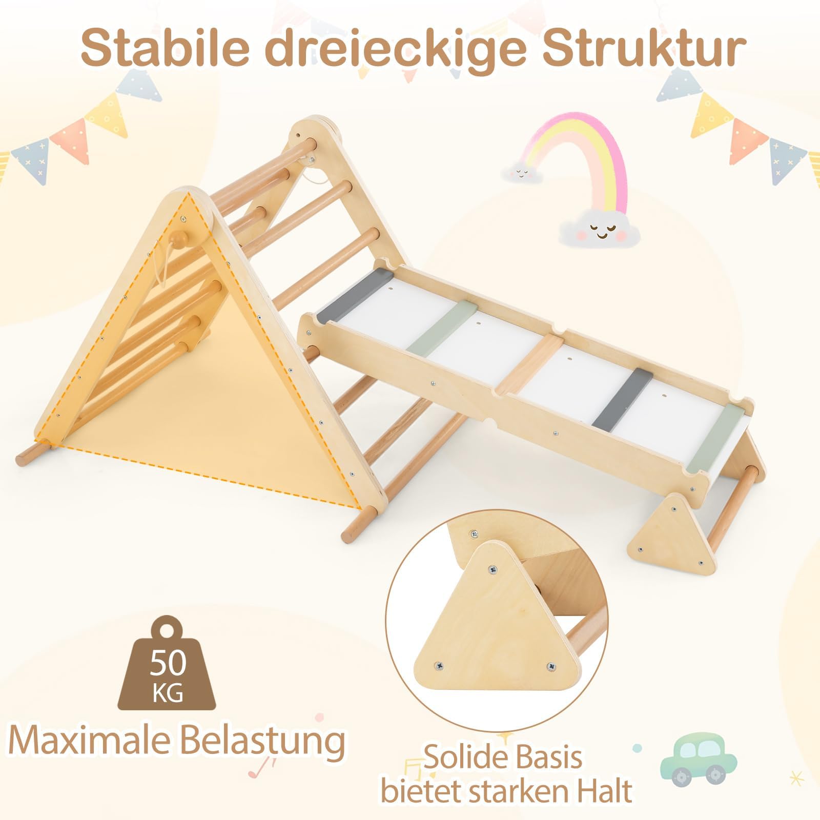FANTASK 3 in 1 Kletterspielzeug Indoor, Sprossendreieck Holz, Kletterdreieck Set für Kinder ab 3 Jahren, 115 x 69 x 59 cm, Natur