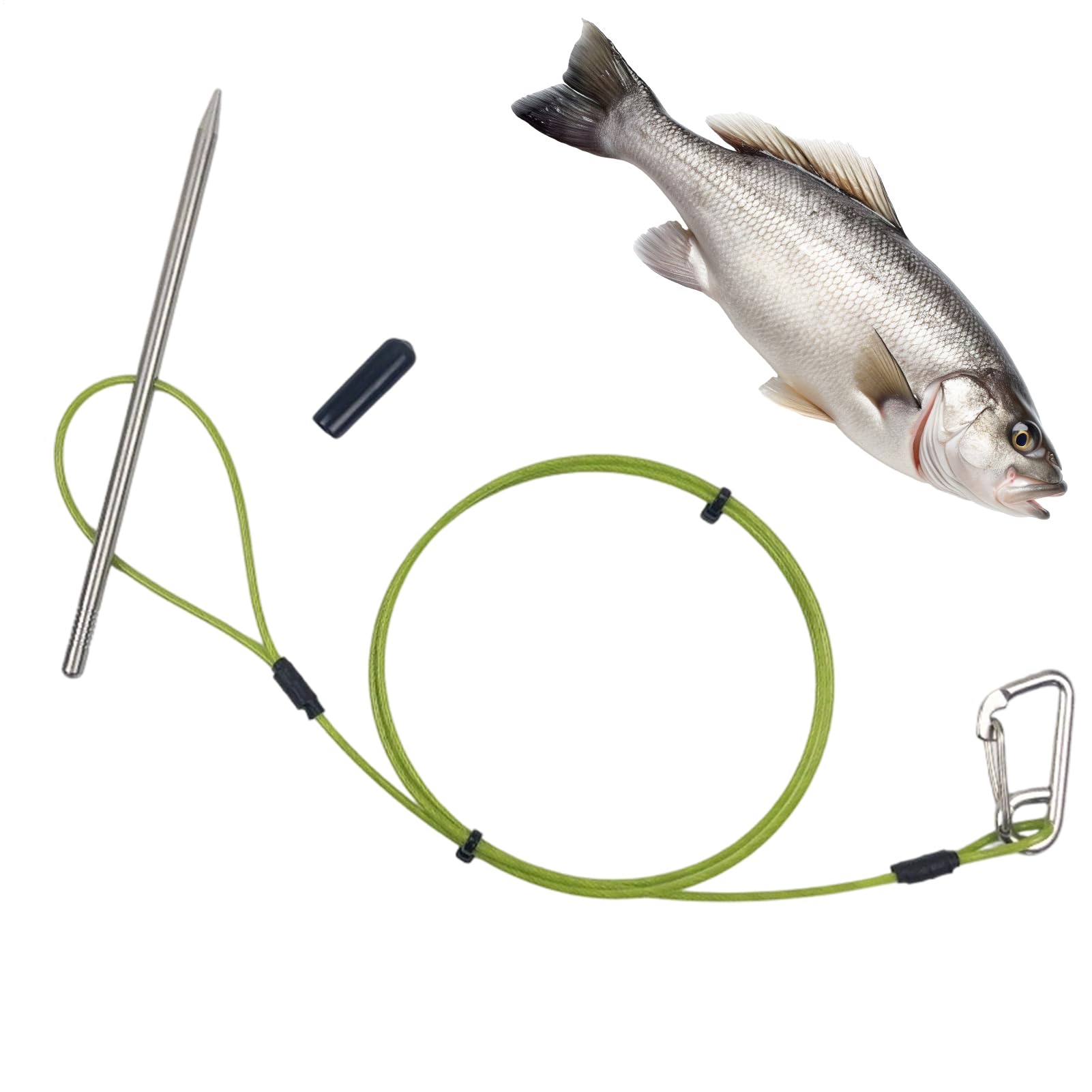 Extractor de pescado de acero inoxidable | Cuerda de clip resistente | Con mosquetón y pinza de pescado, para submarinismo, kayak, lago, estanque, zona costera