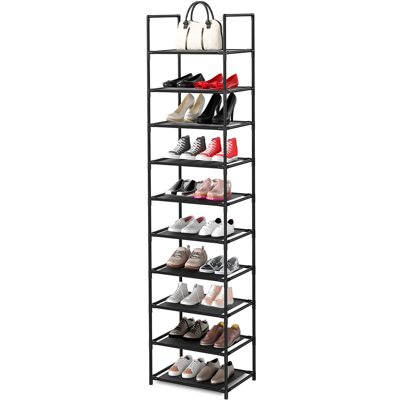 10 Tier Shoe Rack, Tall Narrow Shoes Rack Storage Organizer 20-25 Pairs  Boots Space Saving, Stackable Sturdy Metal Shoe Shelf for Closet, Entryway